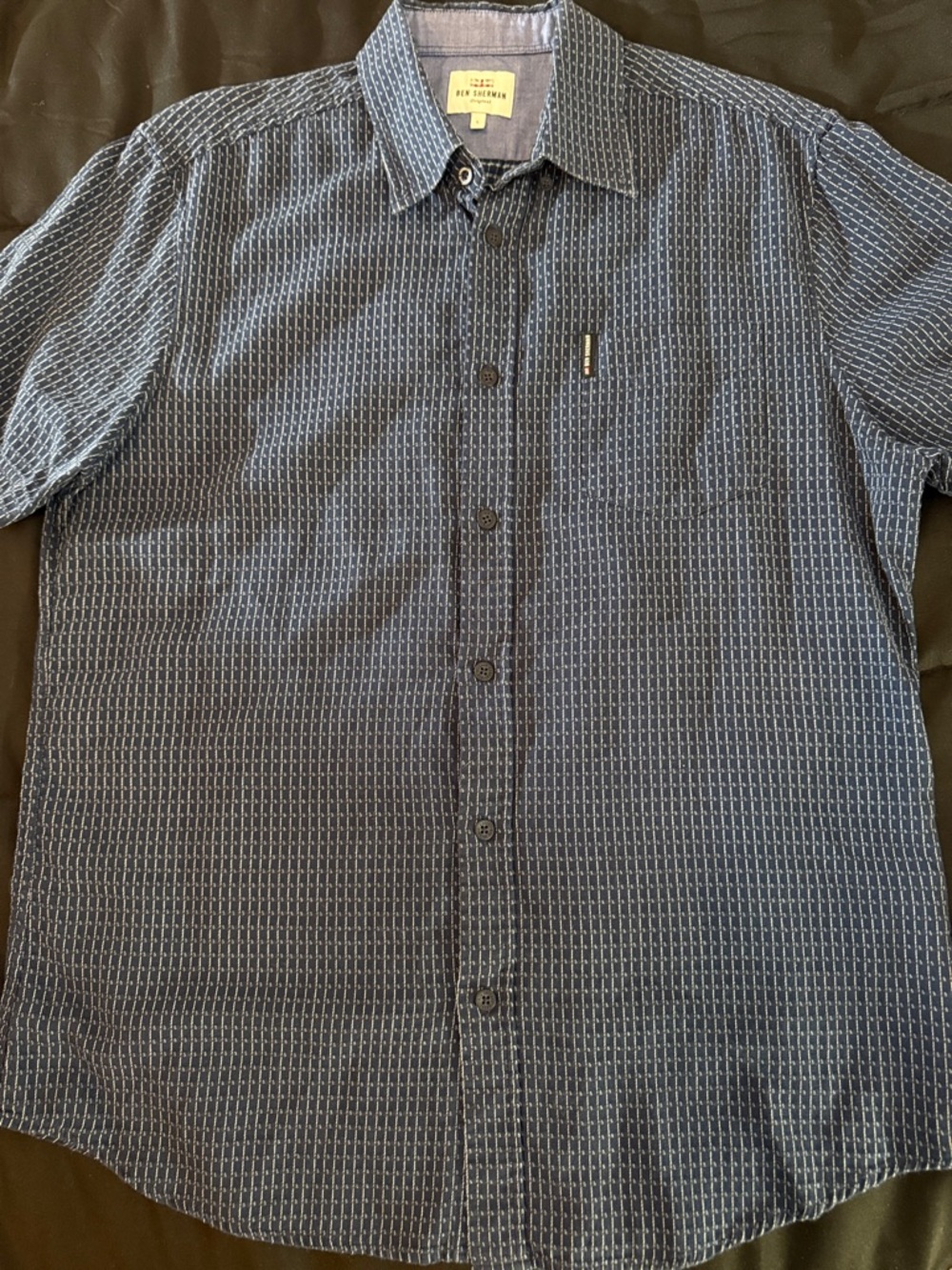 Ben Sherman Navy Short-Sleeve Button-Down with White Micro-Pattern